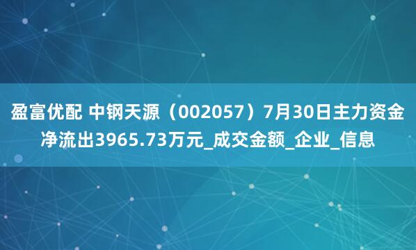 盈富优配 中钢天源（002057）7月30日主力资金净流出3965.73万元_成交金额_企业_信息